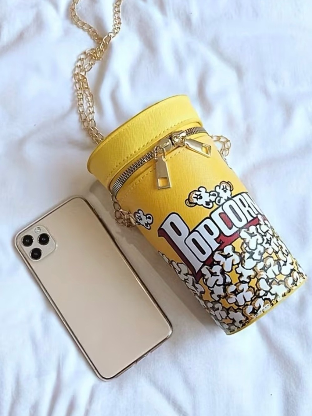 Yellow Popcorn Print Crossbody Phone Bag with Gold Chain